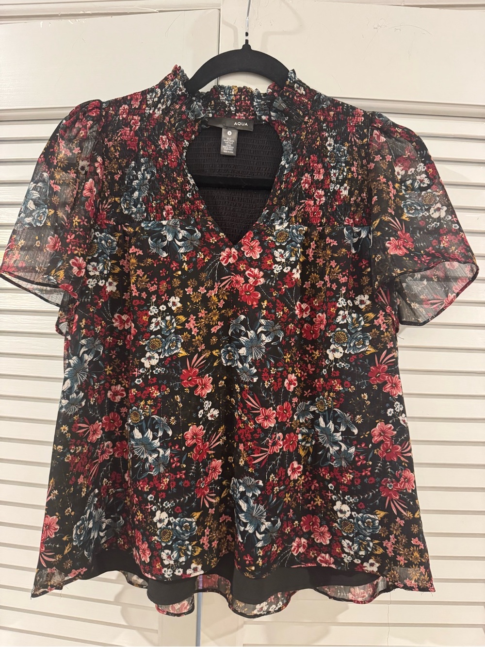 Aqua Black Floral V-Neck Short Sleeve Blouse with Red & Blue Flowers